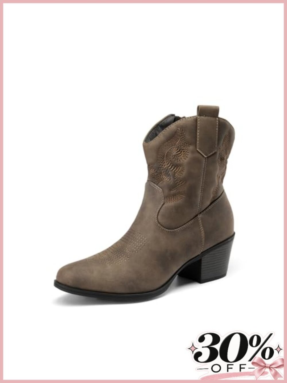 Western Cowboy Ankle Boots Faux Leather Embroidered Chunky Heel